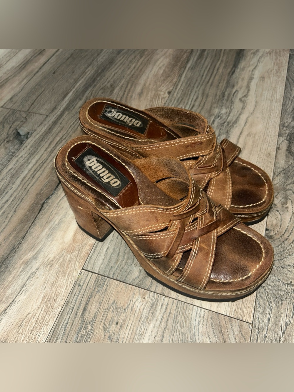 Y2K 90s VTG Bongo Brown Leather Platform Sandals Chunky Wooden Block Heel 7.5